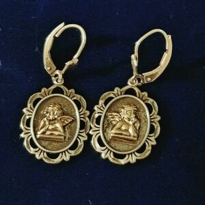 VTG 2-Tone 925 SS & 14k Gold Guardian Angel Oval Medallion  Frame Drop Earrings